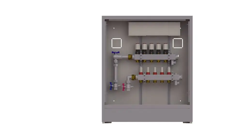 Danfoss Wärmeverteilstation mit mehreren Regulierungsventilen und einem Montagegestell. Anordnung der Komponenten in einem geschlossenen Gehäuse.